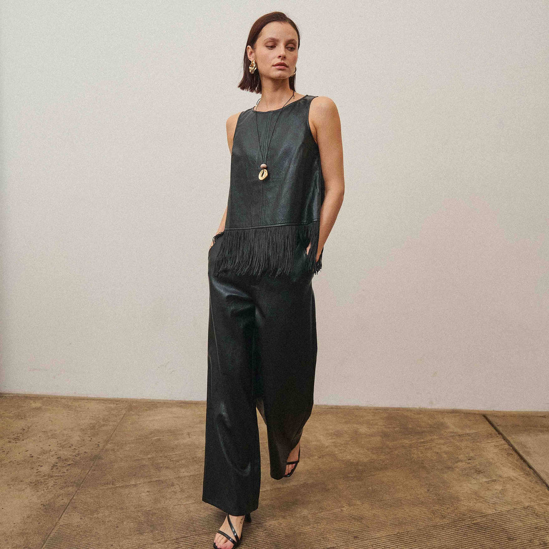AS3778 Fringe vegan leather top &amp; pants set-Able-Shop with Bloom West Boutique, Women&