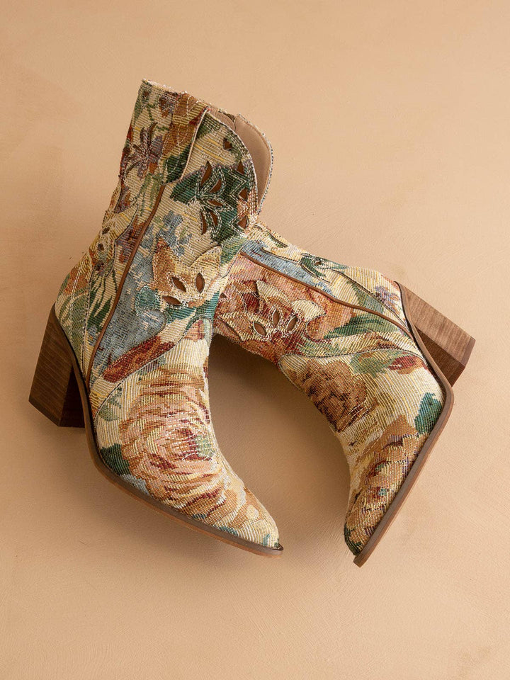 The Sorrel | Floral Tapestry Western Bootie PREORDER-OASIS SOCIETY-Shop with Bloom West Boutique, Women's Fashion Boutique, Located in Houma, Louisiana