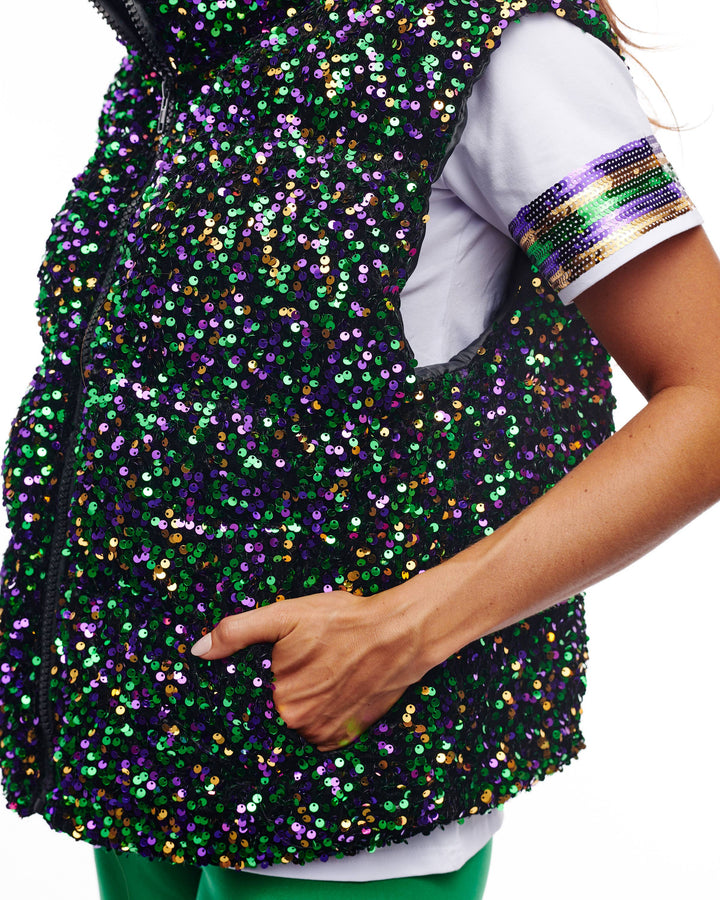 Mardi Gras Sequin Puffer Vest-Vests-SongLily-Shop with Bloom West Boutique, Women's Fashion Boutique, Located in Houma, Louisiana