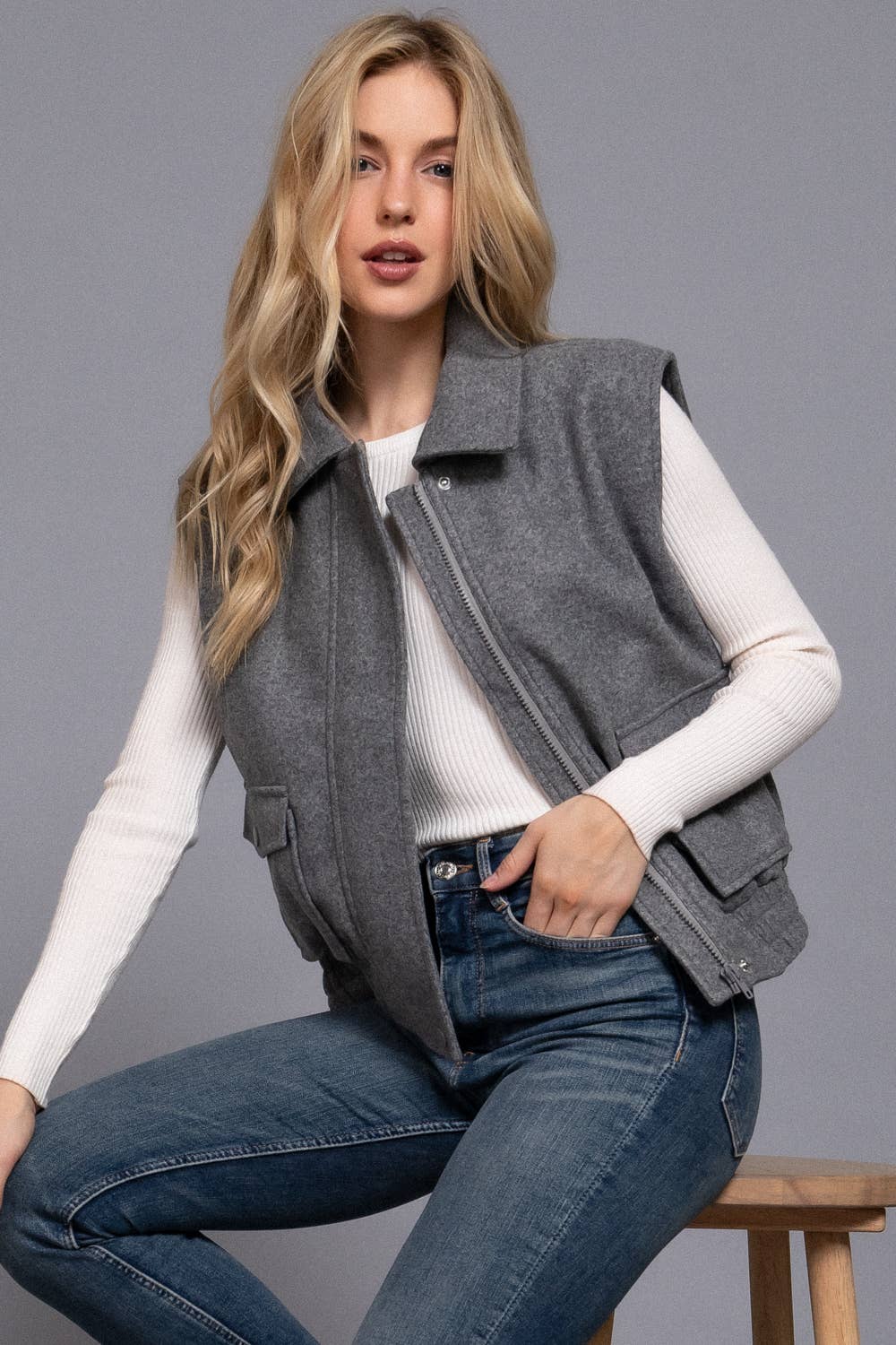 Collar Zip Up Vest grey-Vests-Active Basic | Active USA-Shop with Bloom West Boutique, Women's Fashion Boutique, Located in Houma, Louisiana