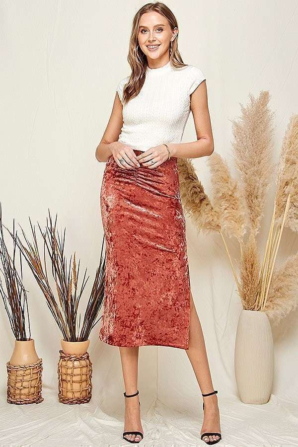 RUCHED CRUSHED VELVELT MIDI SKIRT-Skirts-Heart & Hips-Shop with Bloom West Boutique, Women's Fashion Boutique, Located in Houma, Louisiana