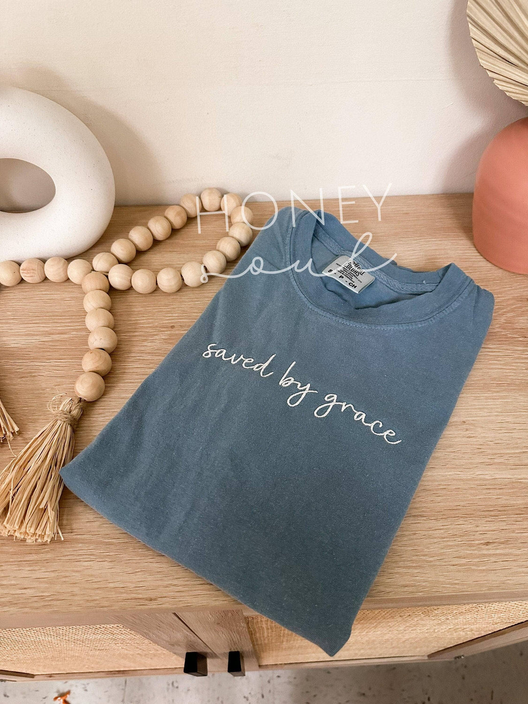 Embroidered saved by grace Tee-Graphic Tees-Honey Soul LLC-Shop with Bloom West Boutique, Women's Fashion Boutique, Located in Houma, Louisiana