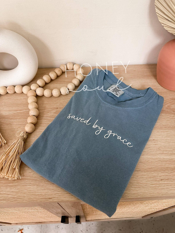 Embroidered saved by grace Tee-Graphic Tees-Honey Soul LLC-Shop with Bloom West Boutique, Women's Fashion Boutique, Located in Houma, Louisiana