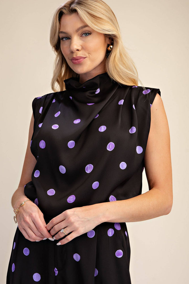 Cowl Mock Neck Pleats Shoulder Sleeveless Top Polka Dot-Glam-Shop with Bloom West Boutique, Women&