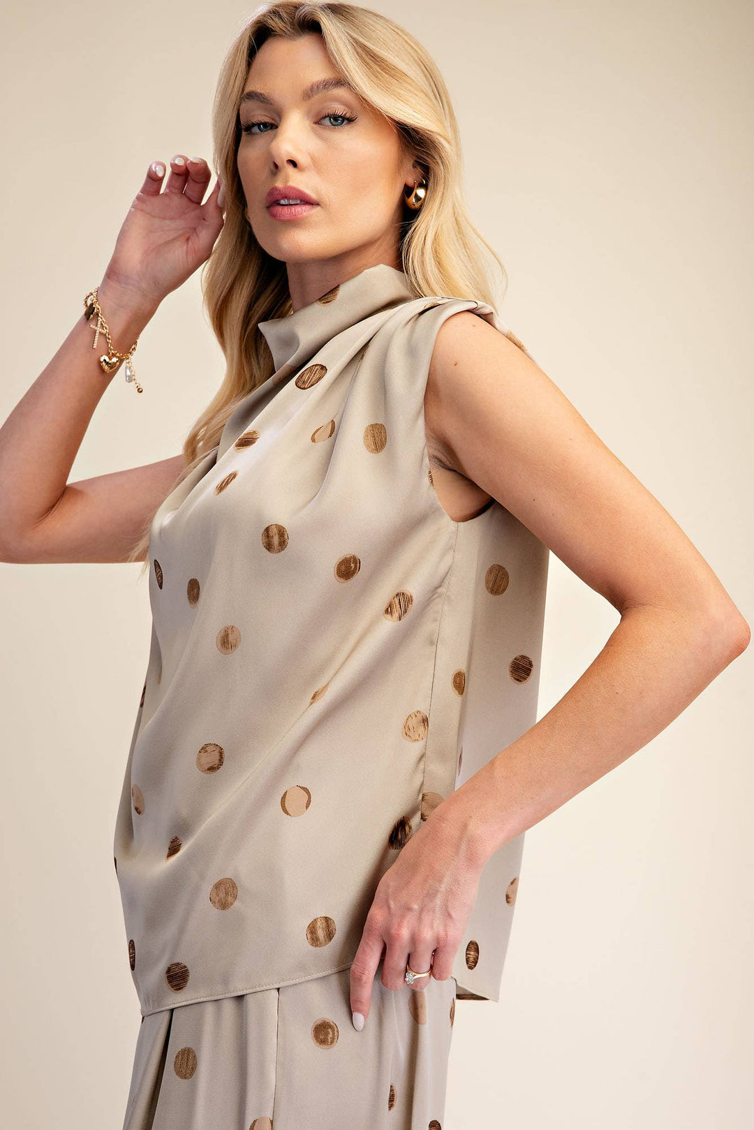 Cowl Mock Neck Pleats Shoulder Sleeveless Top Polka Dot-Glam-Shop with Bloom West Boutique, Women&
