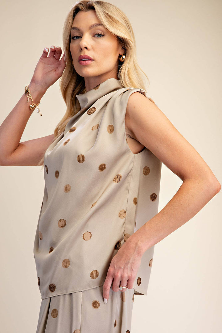 Cowl Mock Neck Pleats Shoulder Sleeveless Top Polka Dot-Glam-Shop with Bloom West Boutique, Women&