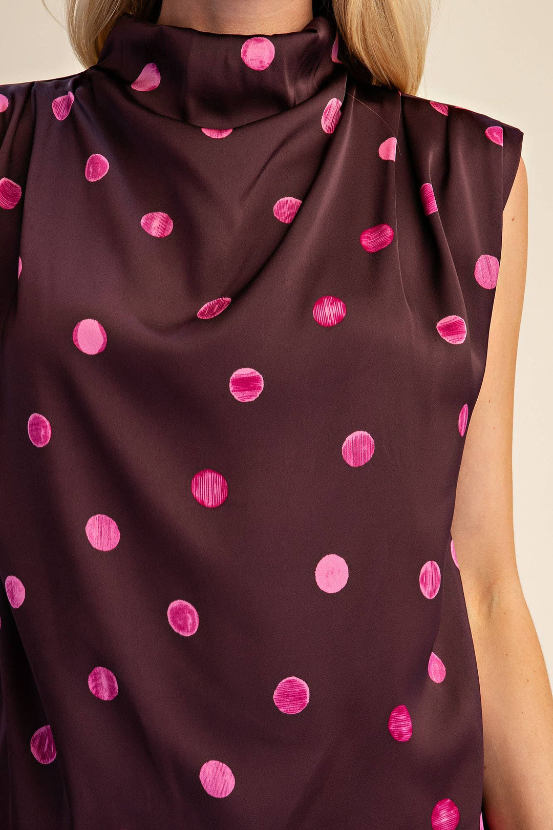 Cowl Mock Neck Pleats Shoulder Sleeveless Top Polka Dot-Glam-Shop with Bloom West Boutique, Women&