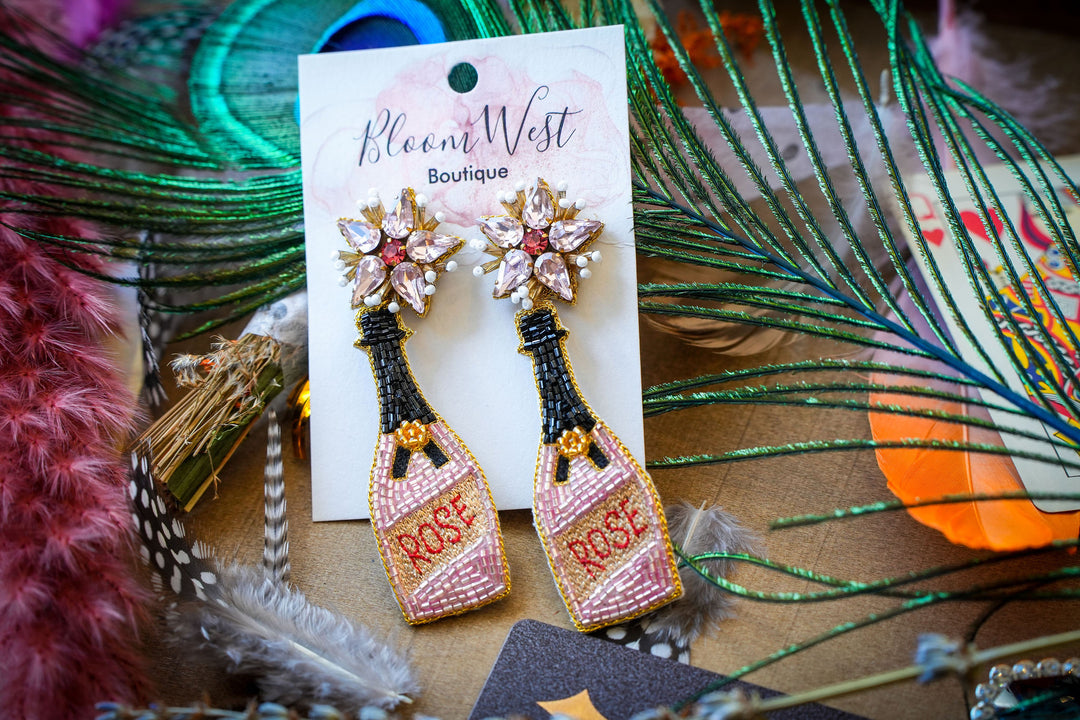 Champagne Rose Bottle Earrings-Earrings-Bloom West Boutique-Shop with Bloom West Boutique, Women's Fashion Boutique, Located in Houma, Louisiana