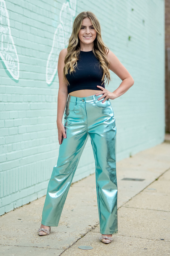 Ice Blue Metallic Trousers-Pants-Bloom West Boutique-Shop with Bloom West Boutique, Women's Fashion Boutique, Located in Houma, Louisiana