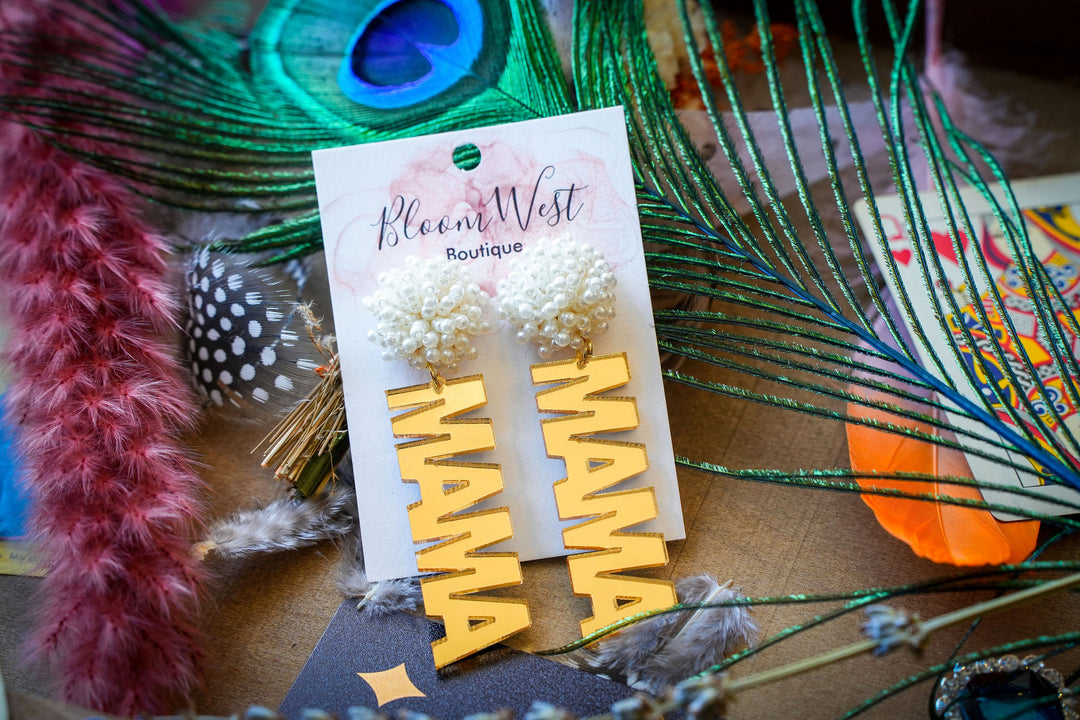Gold Mirror Mama Earrings-Earrings-Bloom West Boutique-Shop with Bloom West Boutique, Women's Fashion Boutique, Located in Houma, Louisiana
