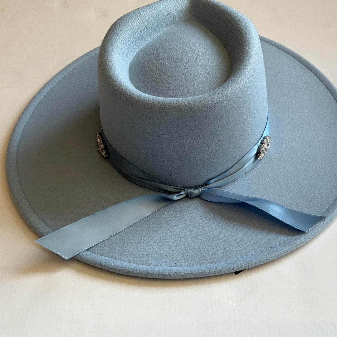Light Blue Ribbon Rhinestone Fedora-Hats-Bloom West Boutique-Shop with Bloom West Boutique, Women's Fashion Boutique, Located in Houma, Louisiana