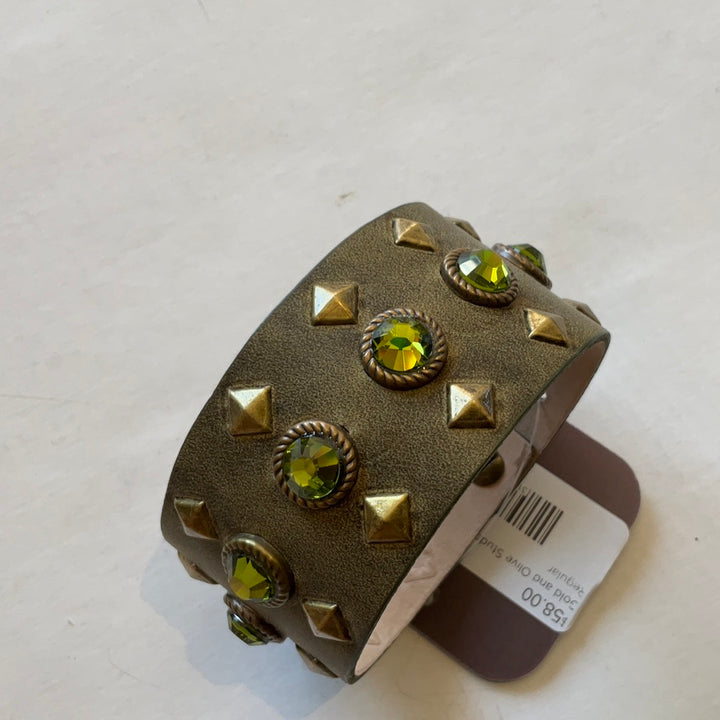 Gold and Olive Studded Leather Cuff Bracelet-Bracelets-Bloom West Boutique-Shop with Bloom West Boutique, Women's Fashion Boutique, Located in Houma, Louisiana