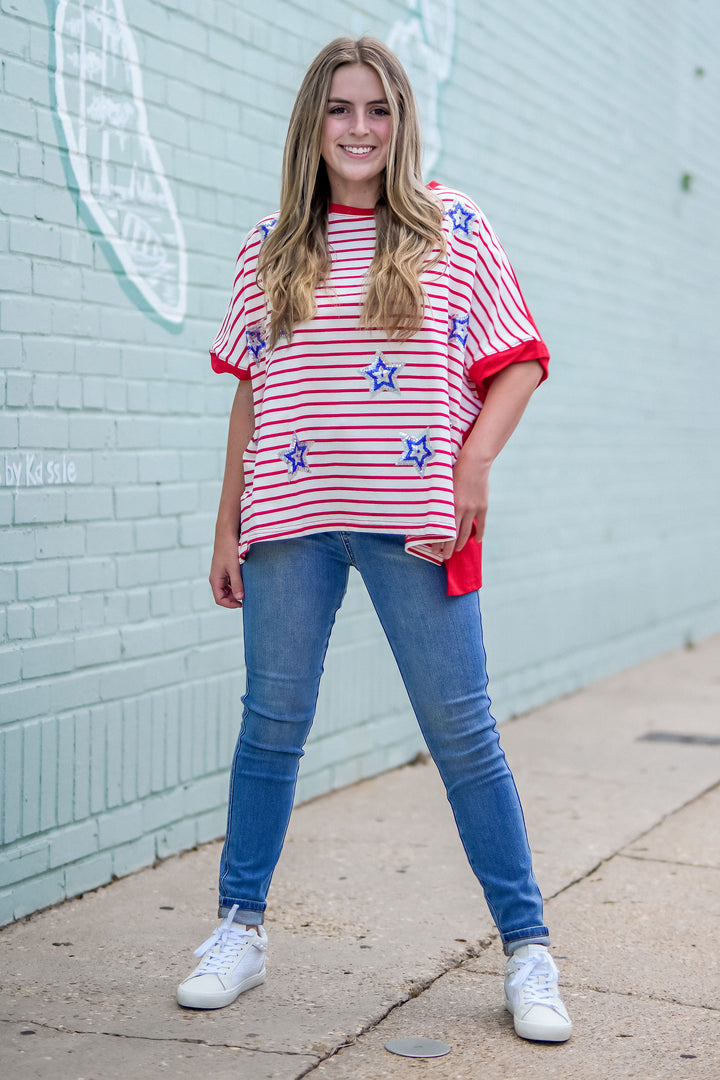 Belle Stripe Terry/Cotton Jersey Mixed W/Star Sequin Shirt Red-Graphic Tees-Bloom West Boutique-Shop with Bloom West Boutique, Women's Fashion Boutique, Located in Houma, Louisiana