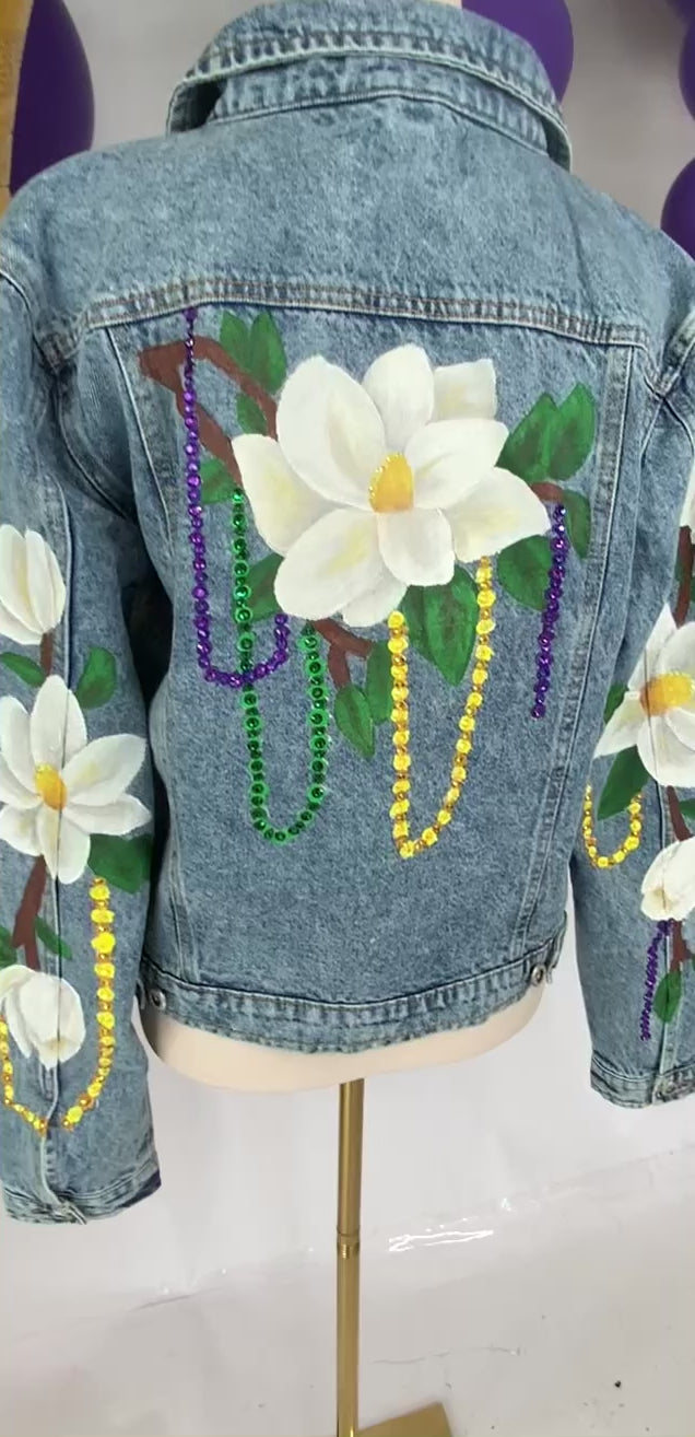 Magnolias on Mardi Denim Jacket *Made When ordered*