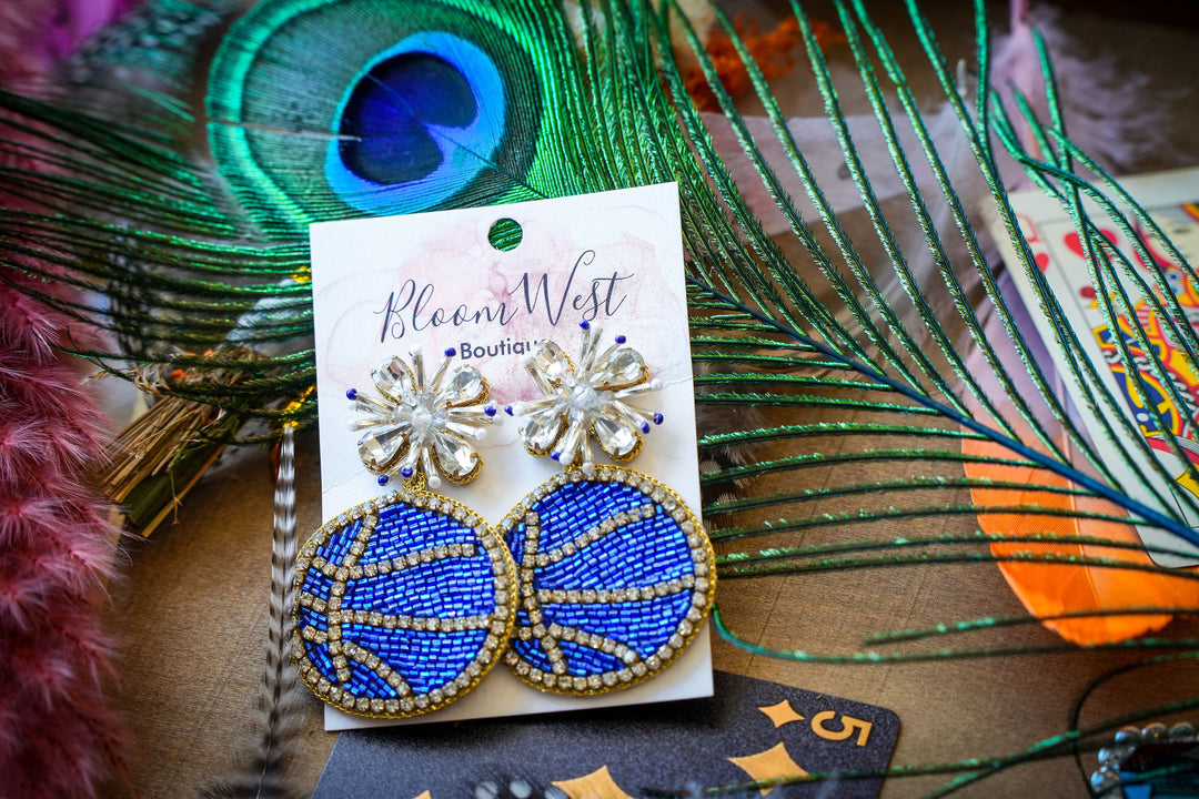 Fancy Basketball Earings Blue And White-Earrings-Bloom West Boutique-Shop with Bloom West Boutique, Women's Fashion Boutique, Located in Houma, Louisiana