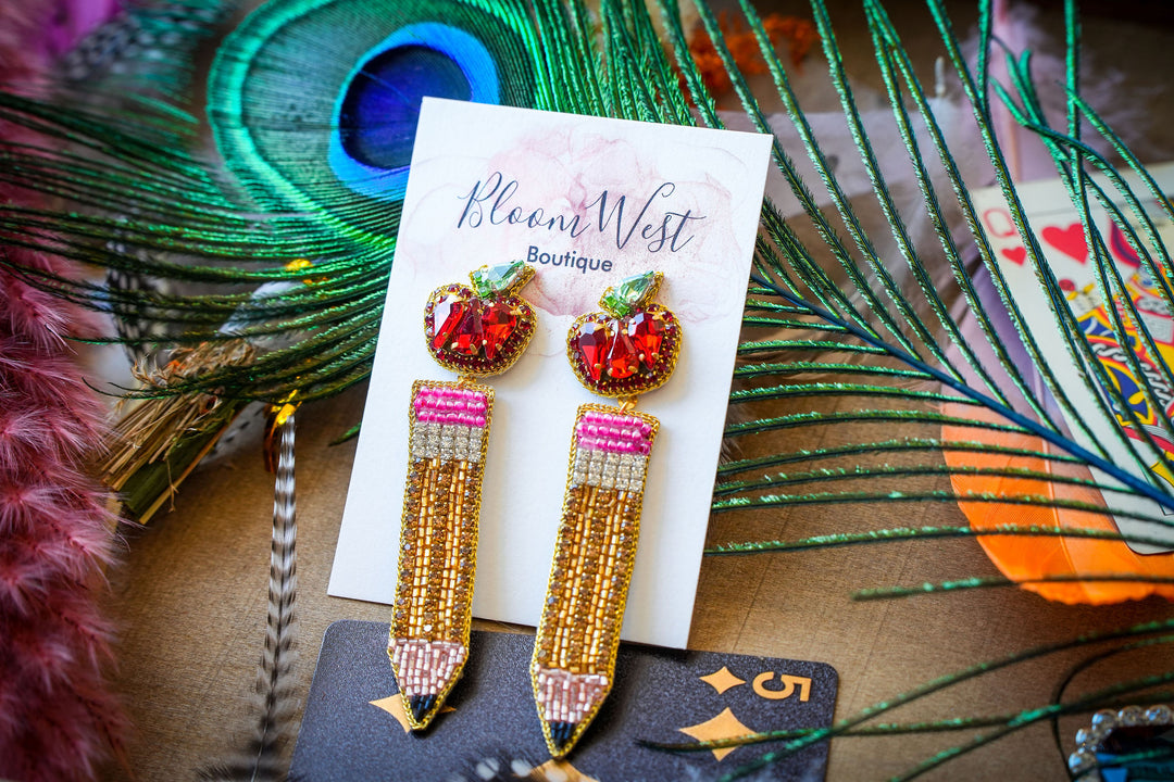 Pencil With Apple Earrings-Earrings-Bloom West Boutique-Shop with Bloom West Boutique, Women's Fashion Boutique, Located in Houma, Louisiana