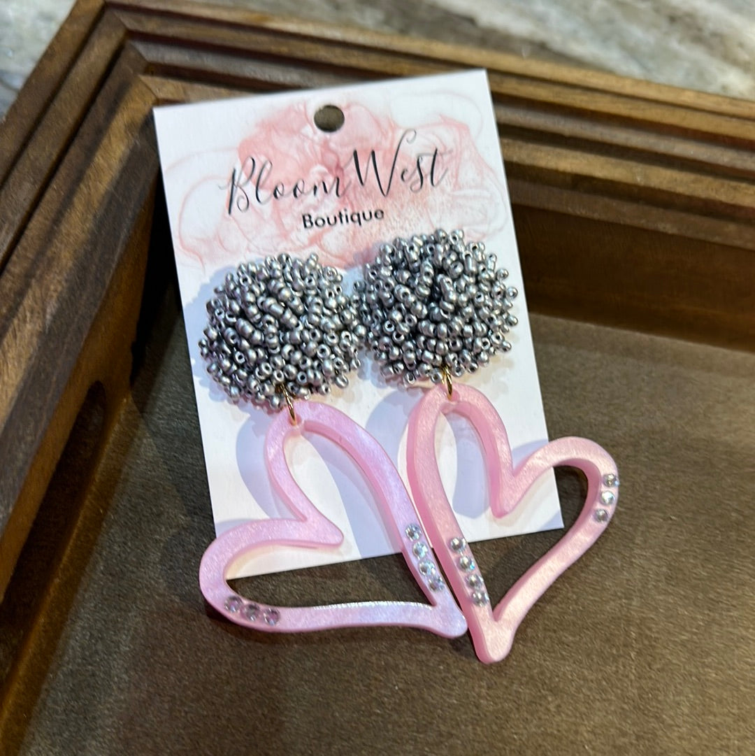 Silver Ball Pink Heart Earrings-Earrings-Bloom West Boutique-Shop with Bloom West Boutique, Women's Fashion Boutique, Located in Houma, Louisiana