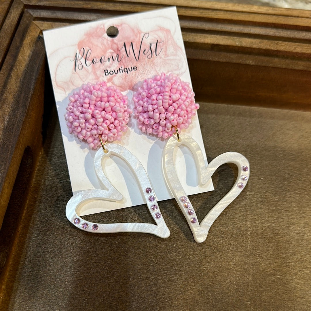 Pink Ball White Heart Earrings-Earrings-Bloom West Boutique-Shop with Bloom West Boutique, Women's Fashion Boutique, Located in Houma, Louisiana