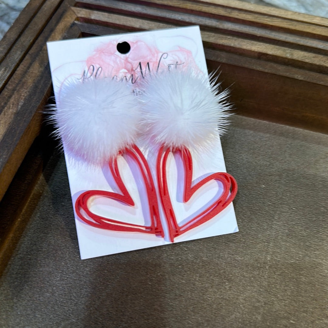 White Puff Red Heart Earrings-Earrings-Bloom West Boutique-Shop with Bloom West Boutique, Women's Fashion Boutique, Located in Houma, Louisiana